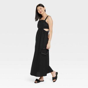 A New Day Black Linen Sleeveless Ruched Side Cut Out Midi Dress XS